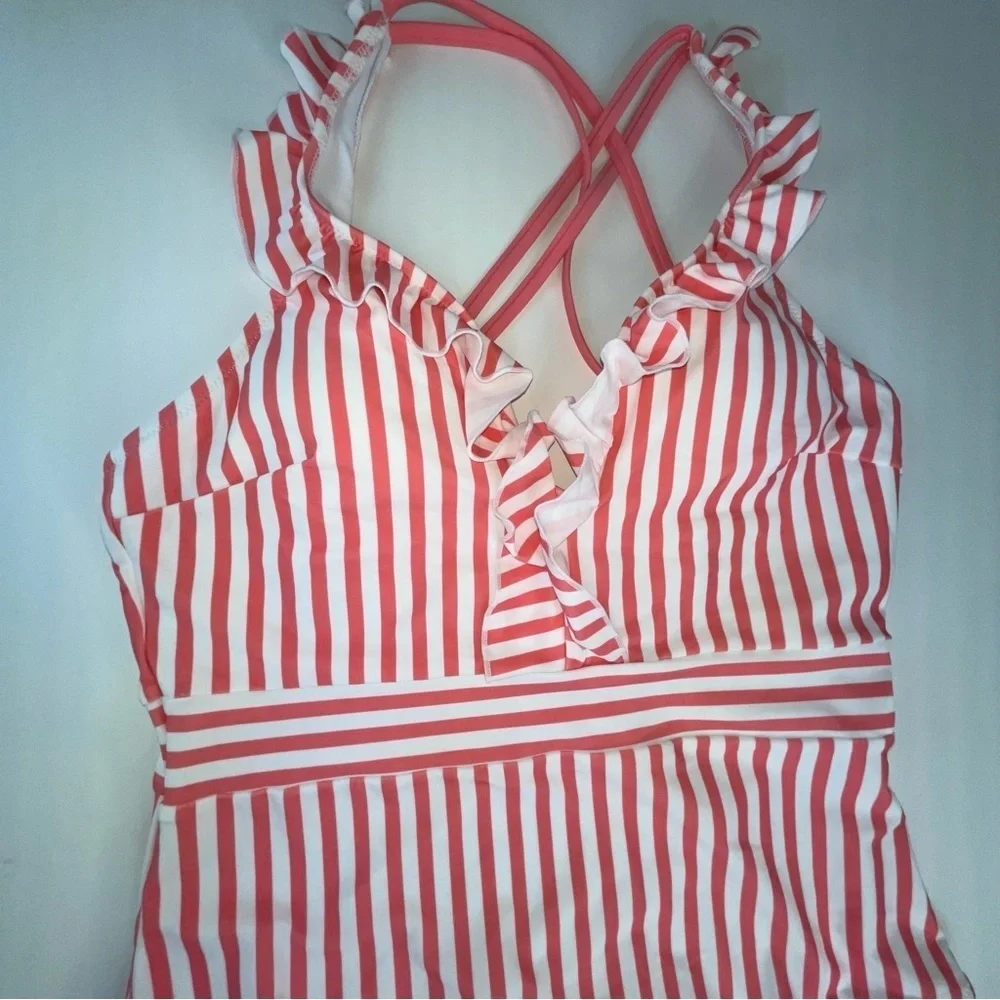 Women's V Neck One Piece Swimsuit Ruffled Back Cross Swimwear Pink White